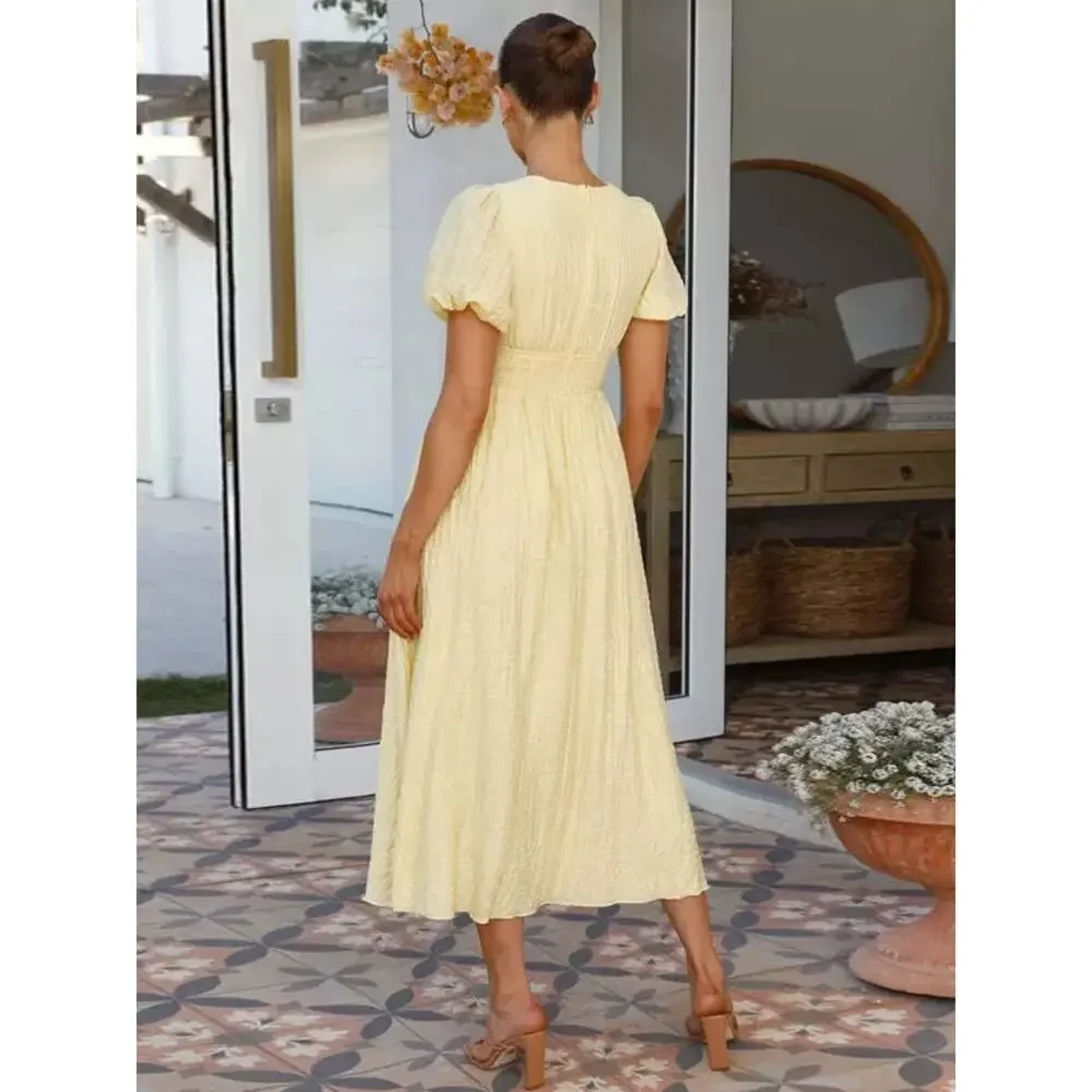Commense Butter Yellow Plaid Picnic Whimsy Cottage Button Front Maxi Dress NWT M - Picture 3 of 5